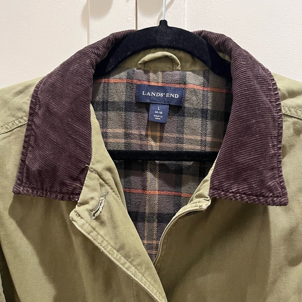 Vintage 90’s Lands' End Barbour Barn Green Khaki Jacket with Brown Corduroy Trim - Picture 2 of 4